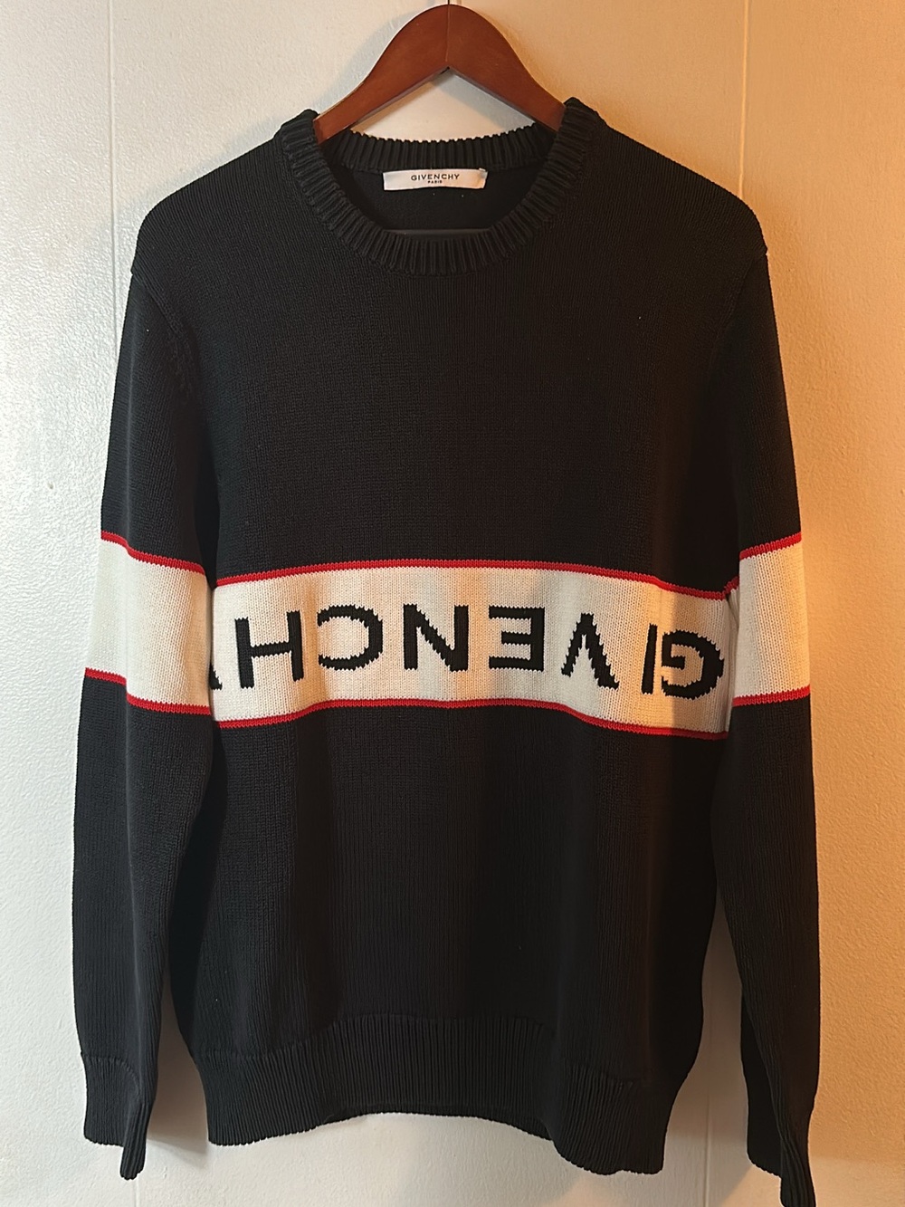 Givenchy Black Crewneck Sweater with White Logo Stripe and Red Trim